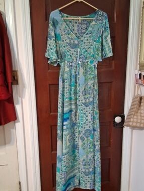 Elan Paisley & Floral Maxi Dress Cover-Up in Teal and Aqua